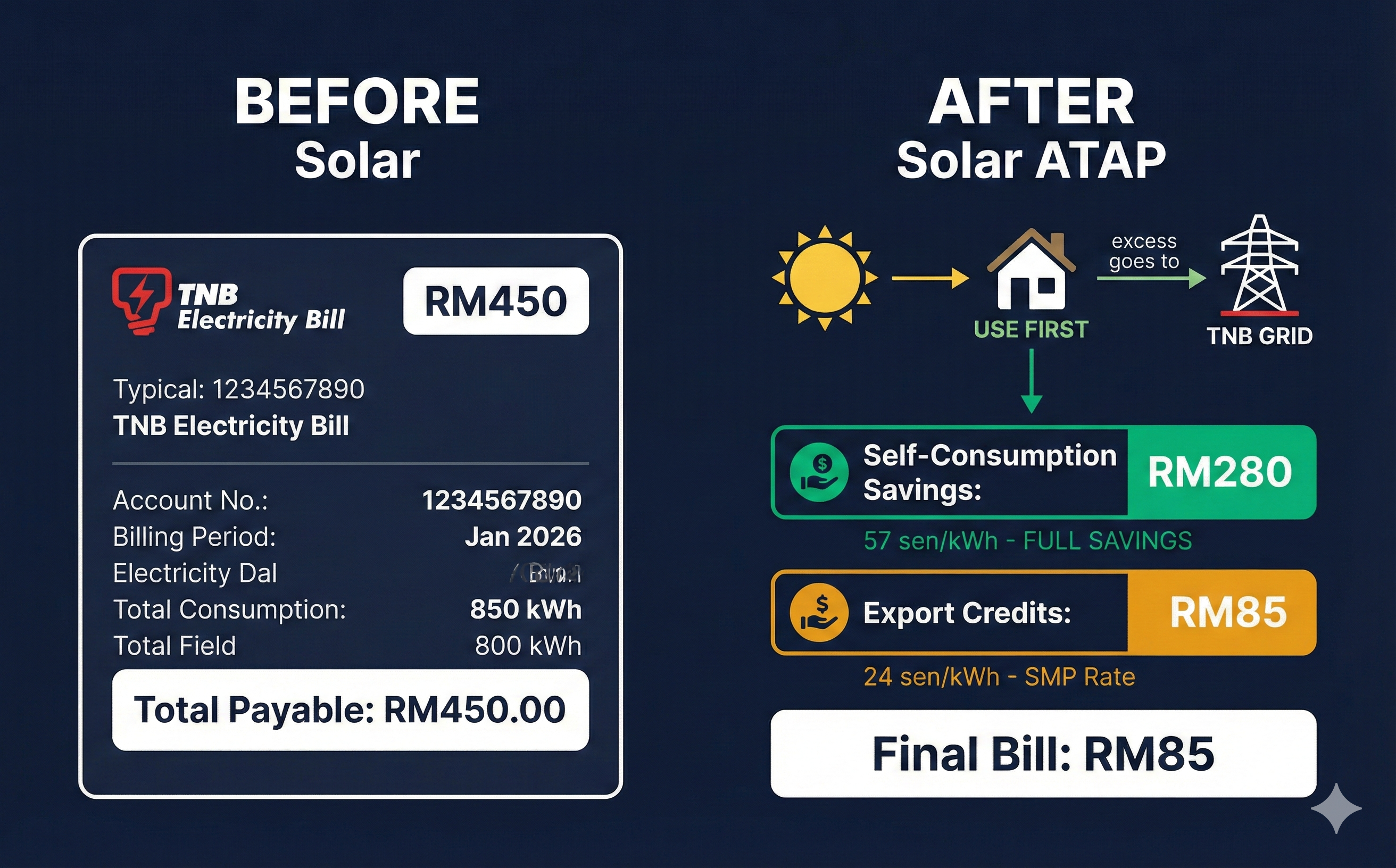 Comparison of TNB bill before and after Solar ATAP showing self-consumption savings vs export credits